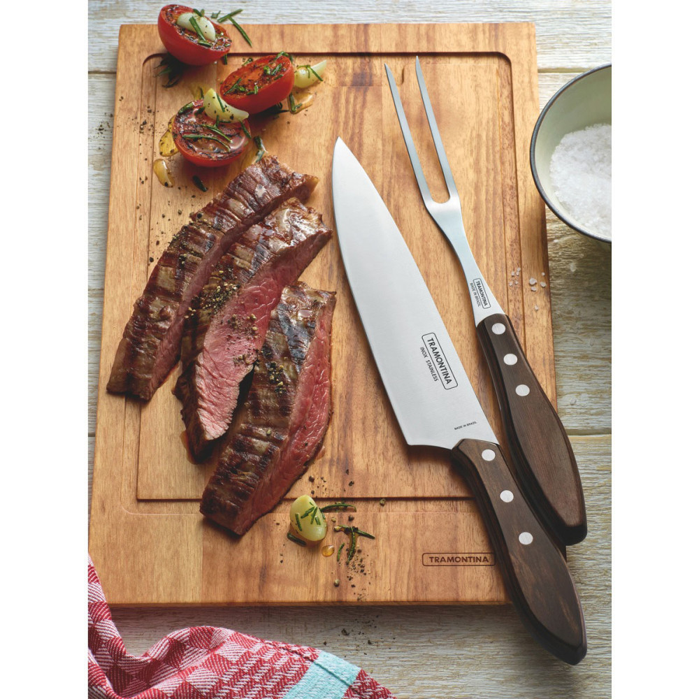 Jogo Trinchante para Churrasco Inox da Tramontina Com Cabo Polywood Castanho - 2 Peças