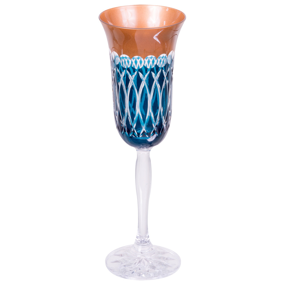 Taça de cristal Lodz para Champanhe de 150 ml - Turquesa e Dourada - Maria Pia Casa 