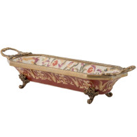 Bandeja Decorativa de Porcelana e Bronze Retangular - Linha Oriental - Maria Pia Casa